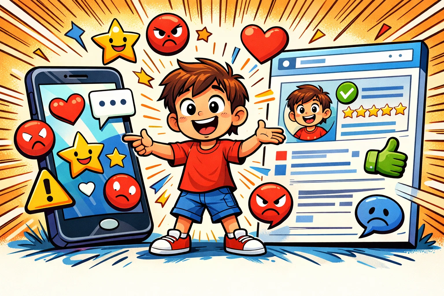 Child digital reputation matters with online profile, likes, and warning signs.
