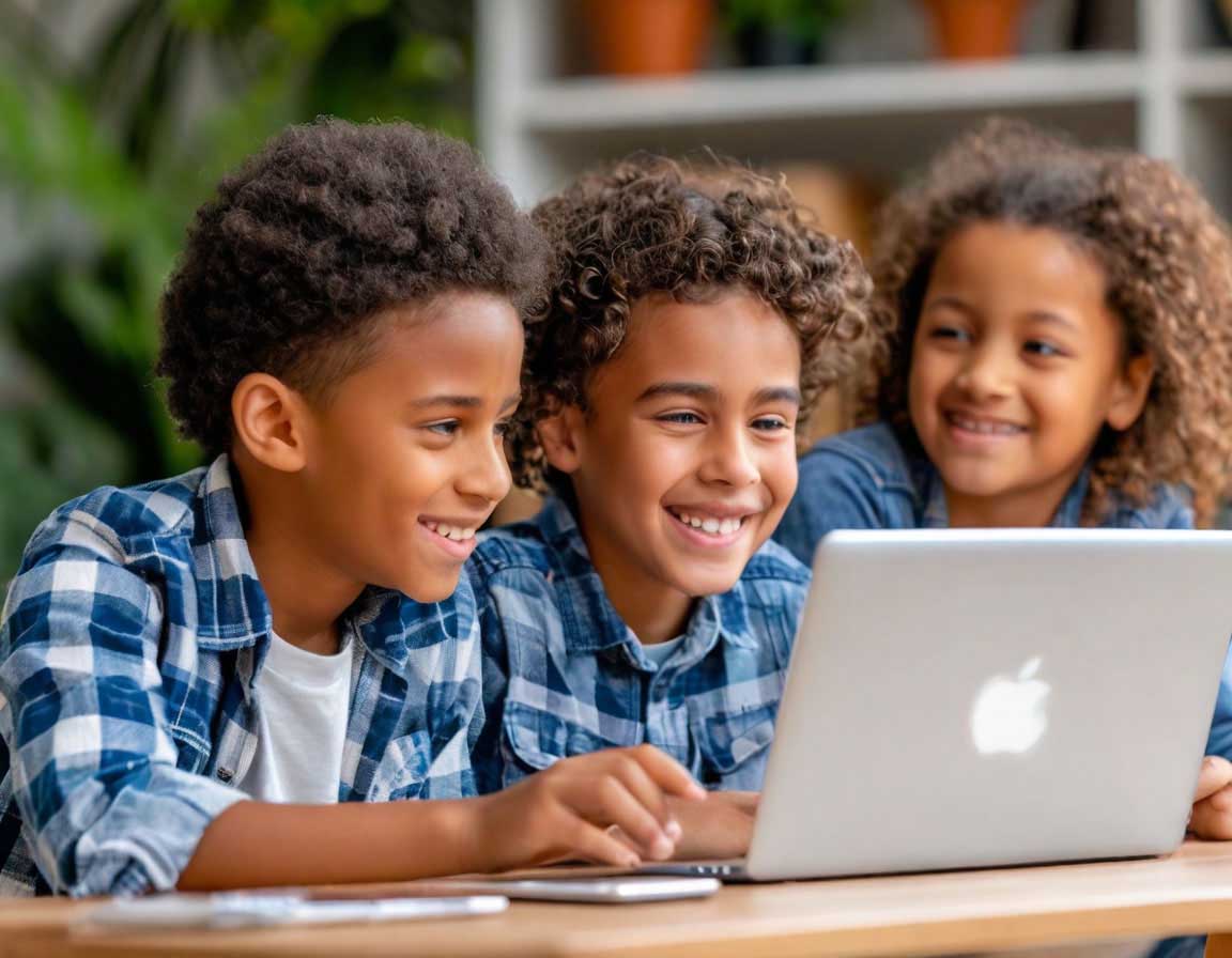 Group of children using a laptop. Online safety tips for kids in the digital world. 