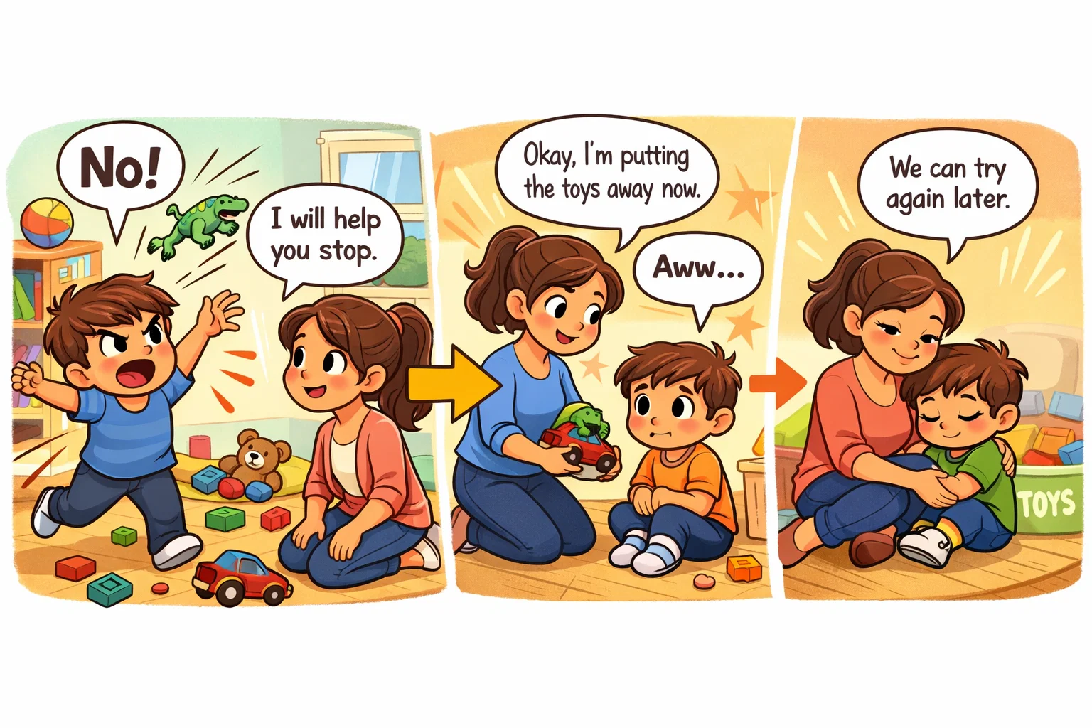 Consistency connected consequences child scene with calm parent following through on limit.
