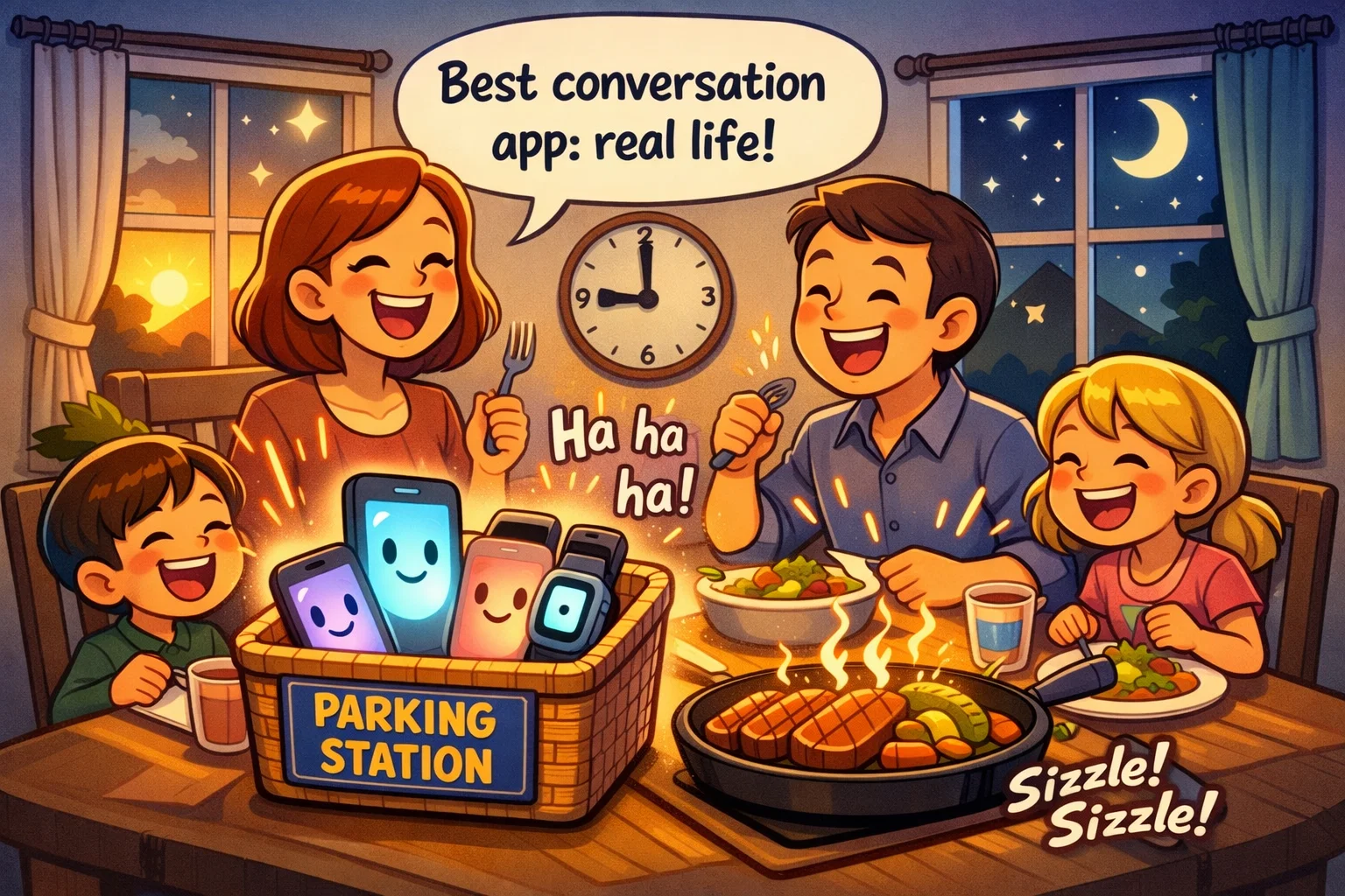  Device free dinner scene with family bonding and phones in parking station.
