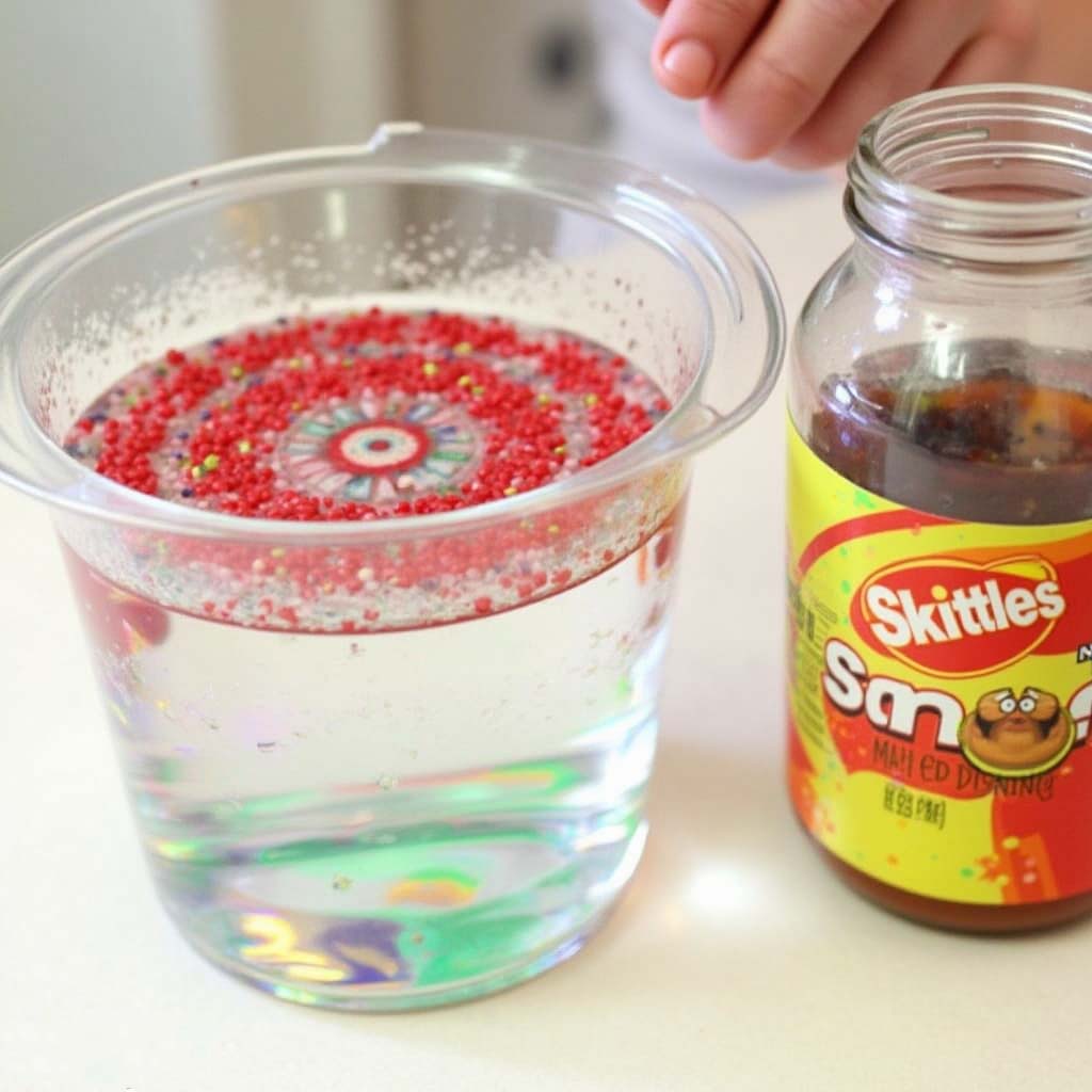 Skittles diffusion experiment for 3rd graders showing how colors spread in water, demonstrating molecular movement.