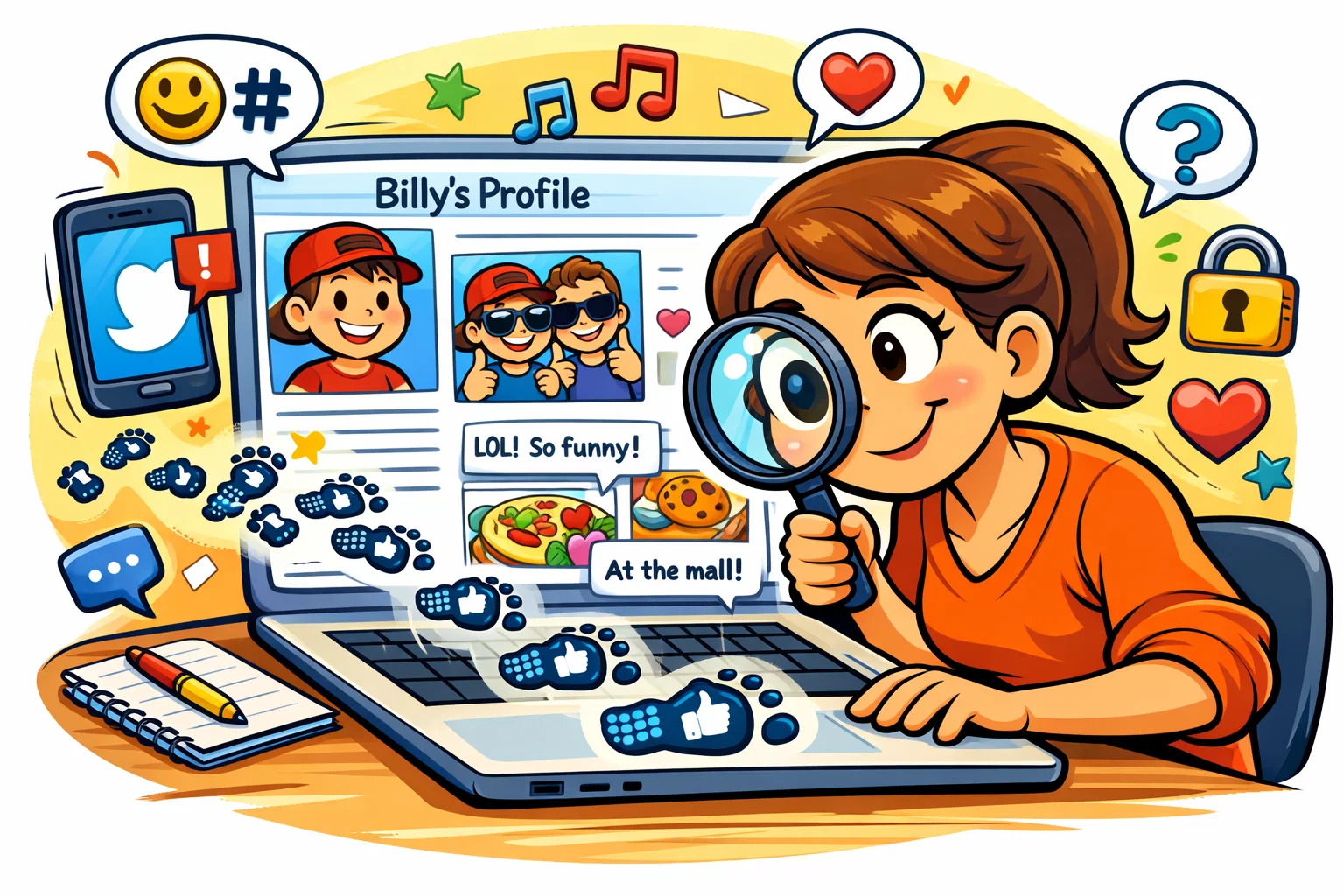  Parent doing digital footprint audit on laptop with child profiles and search results.
