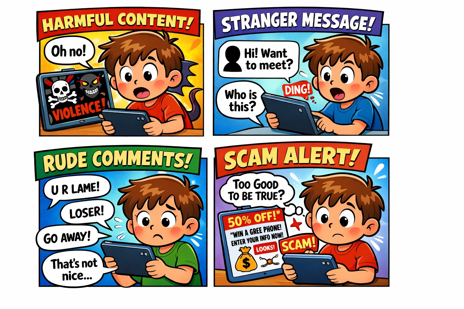  Four Cs online safety cartoon showing content, contact, conduct, and commerce risks.
