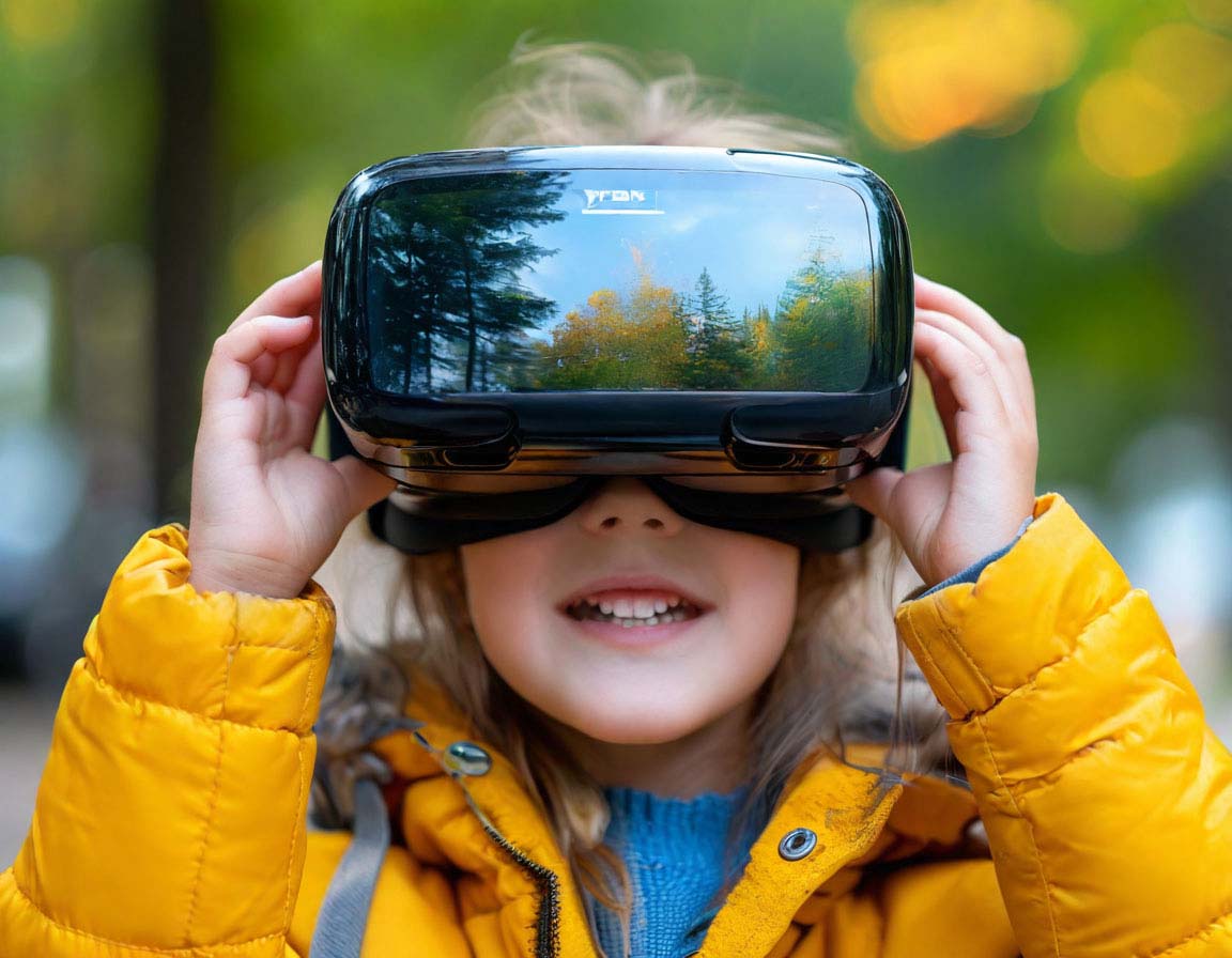 Smiling young girl wearing a VR headset in a park. Safe and educational virtual reality experiences for children.
