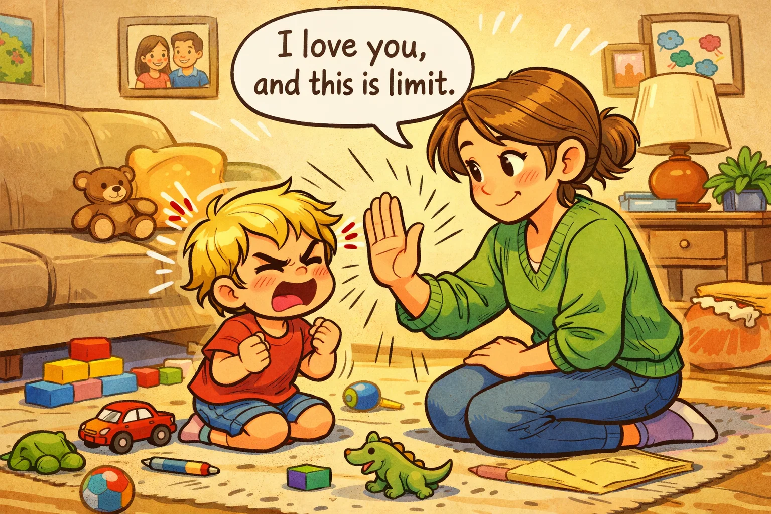 Healthy boundaries parent child moment with calm parent setting loving limits at home.