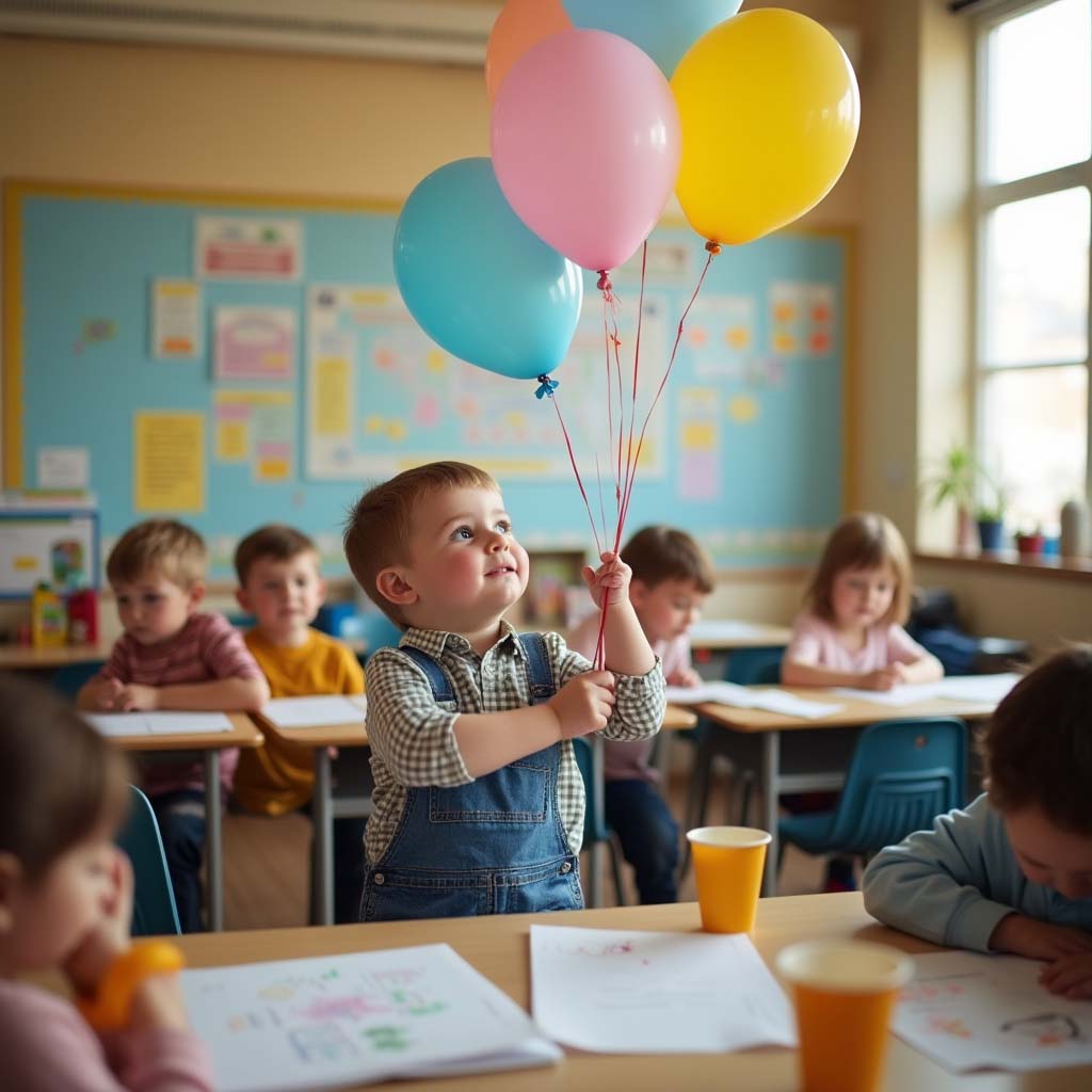 3rd grader holding balloons in a classroom, learning about Newton’s laws through a hands-on science experiment.