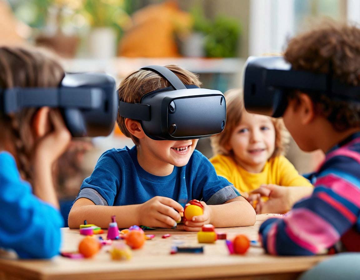 Group of children using VR headsets while playing together. Ensuring VR safety and proper supervision. 