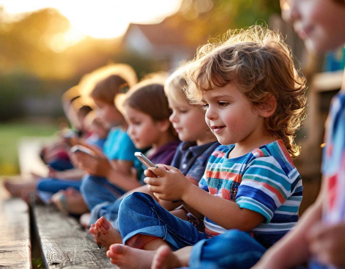 A group of children using smartphones, illustrating the importance of digital boundaries and screen time management for kids. A group of children using smartphones, illustrating the importance of digital boundaries and screen time management for kids.
