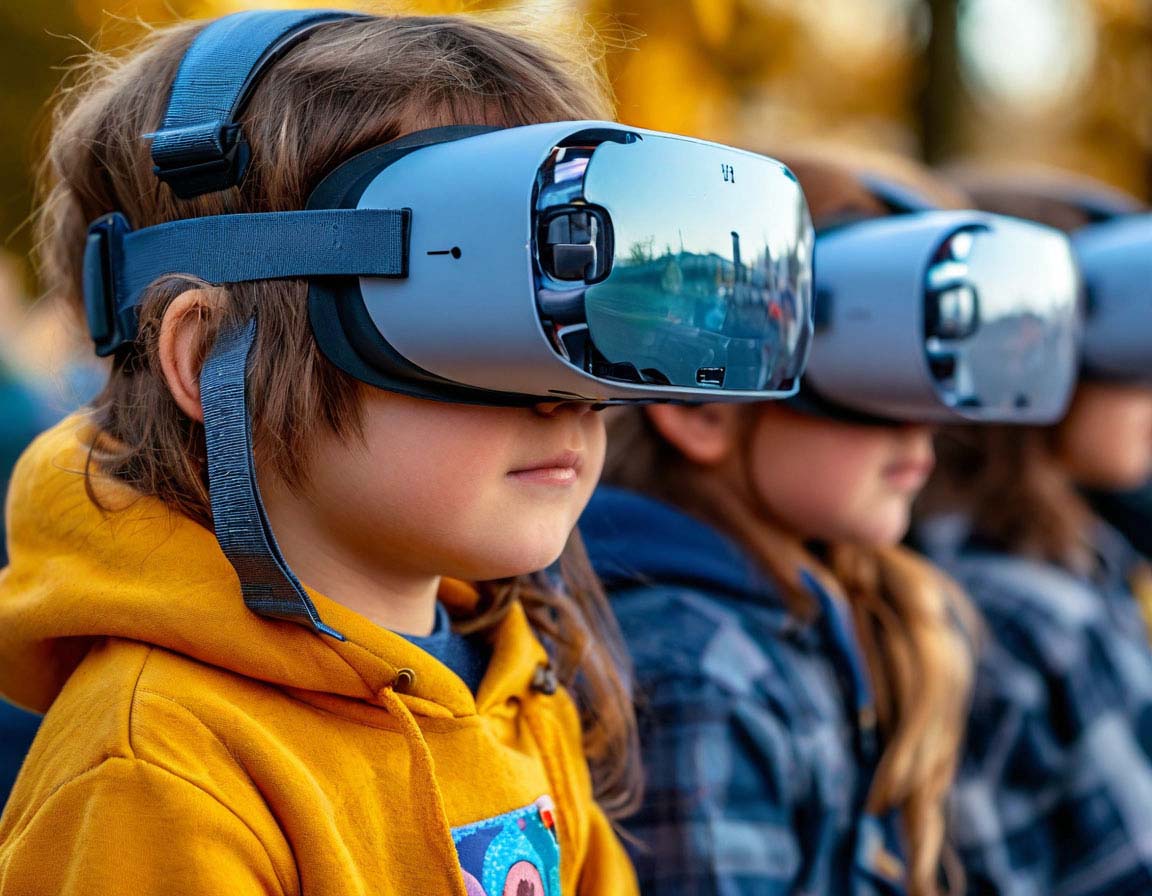 Group of children wearing VR headsets outdoors. Ensuring safe virtual reality experiences for kids with proper supervision and guidelines. 