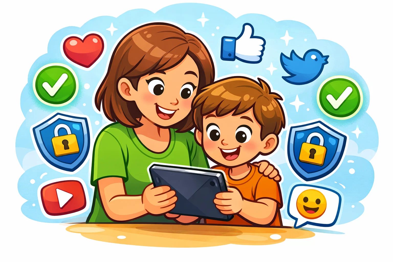 Parent and child digital reputation check on tablet with privacy icons.