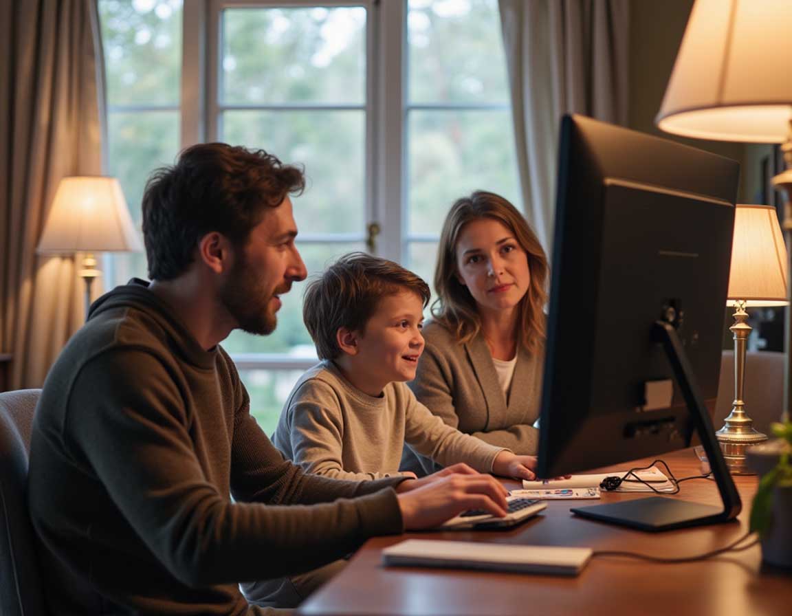 Parents guiding their child on safe internet usage. Teaching kids about digital responsibility. 