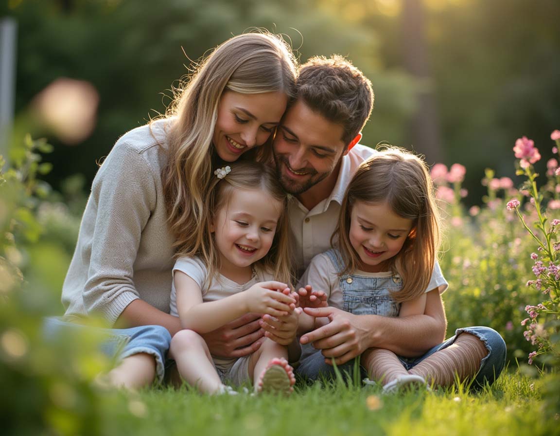 Parents embracing their children in a field of flowers, reinforcing love and trust. Compassionate boundaries help children feel safe and valued.