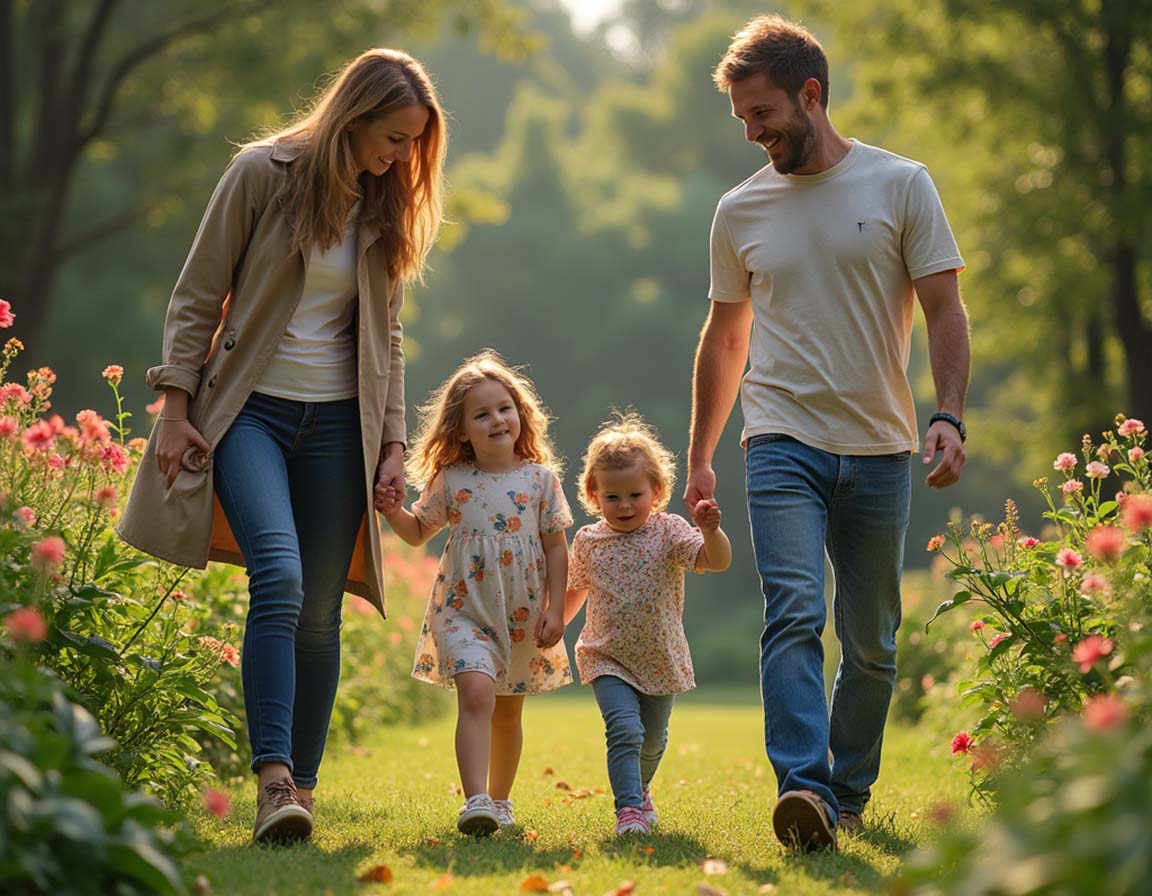 Parents walking with their kids in a garden, enjoying nature and quality time. Setting compassionate boundaries through shared activities.