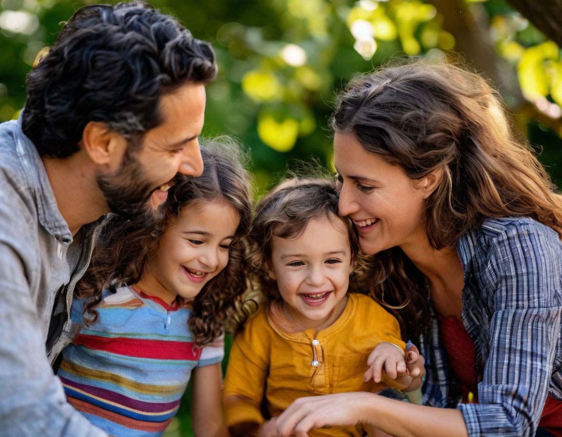 Parents laughing with their children in a park, modeling positive interactions. Healthy boundaries nurture respect and emotional well-being.