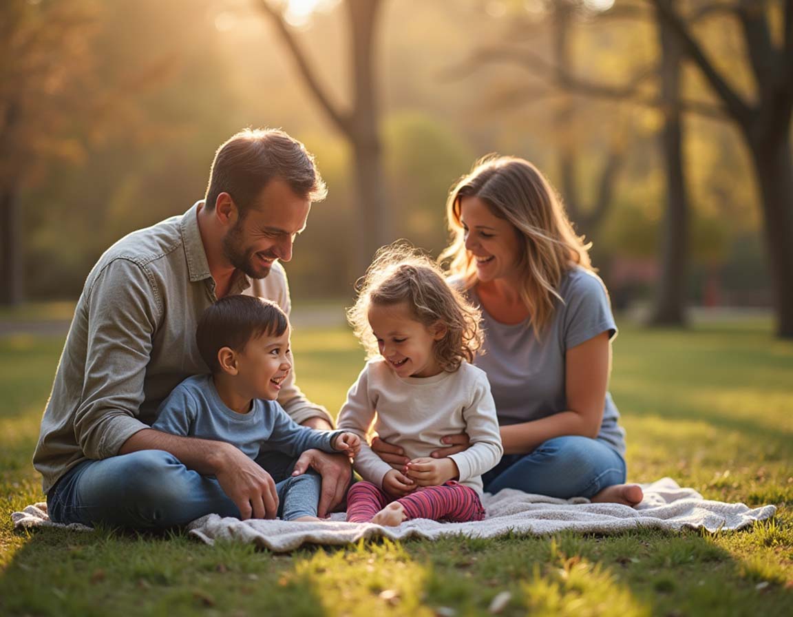 Parents sitting on a blanket with their children, playing and bonding. A great way to set compassionate boundaries while fostering connection.