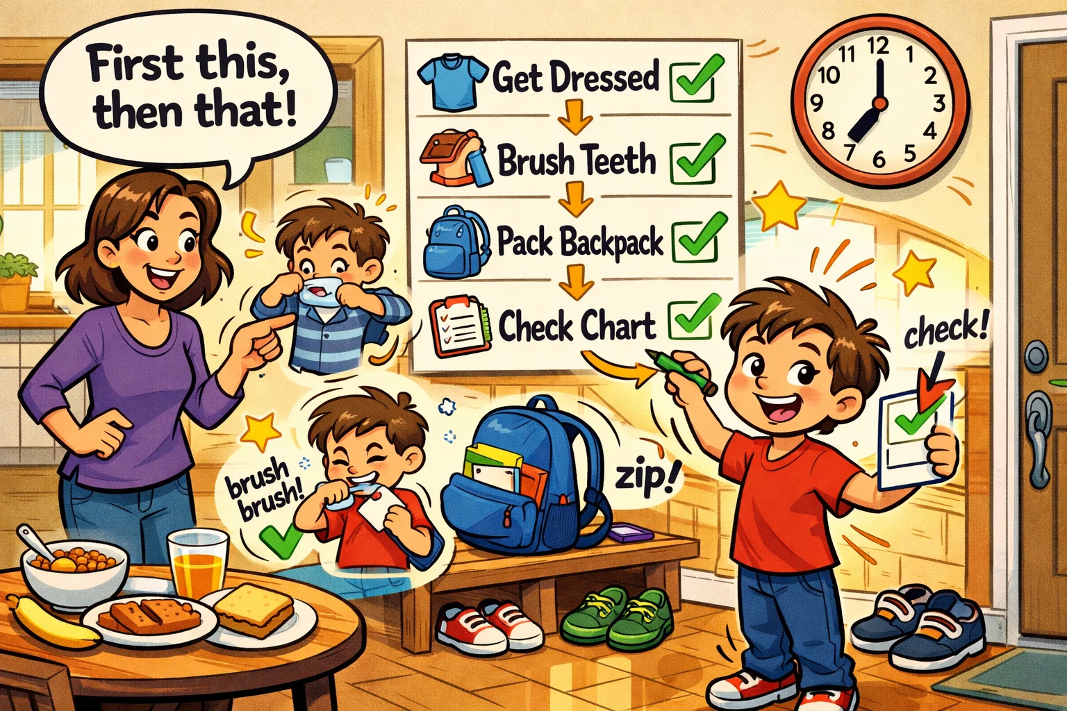 Routines predictability child scene with visual schedule and calm morning routine.
