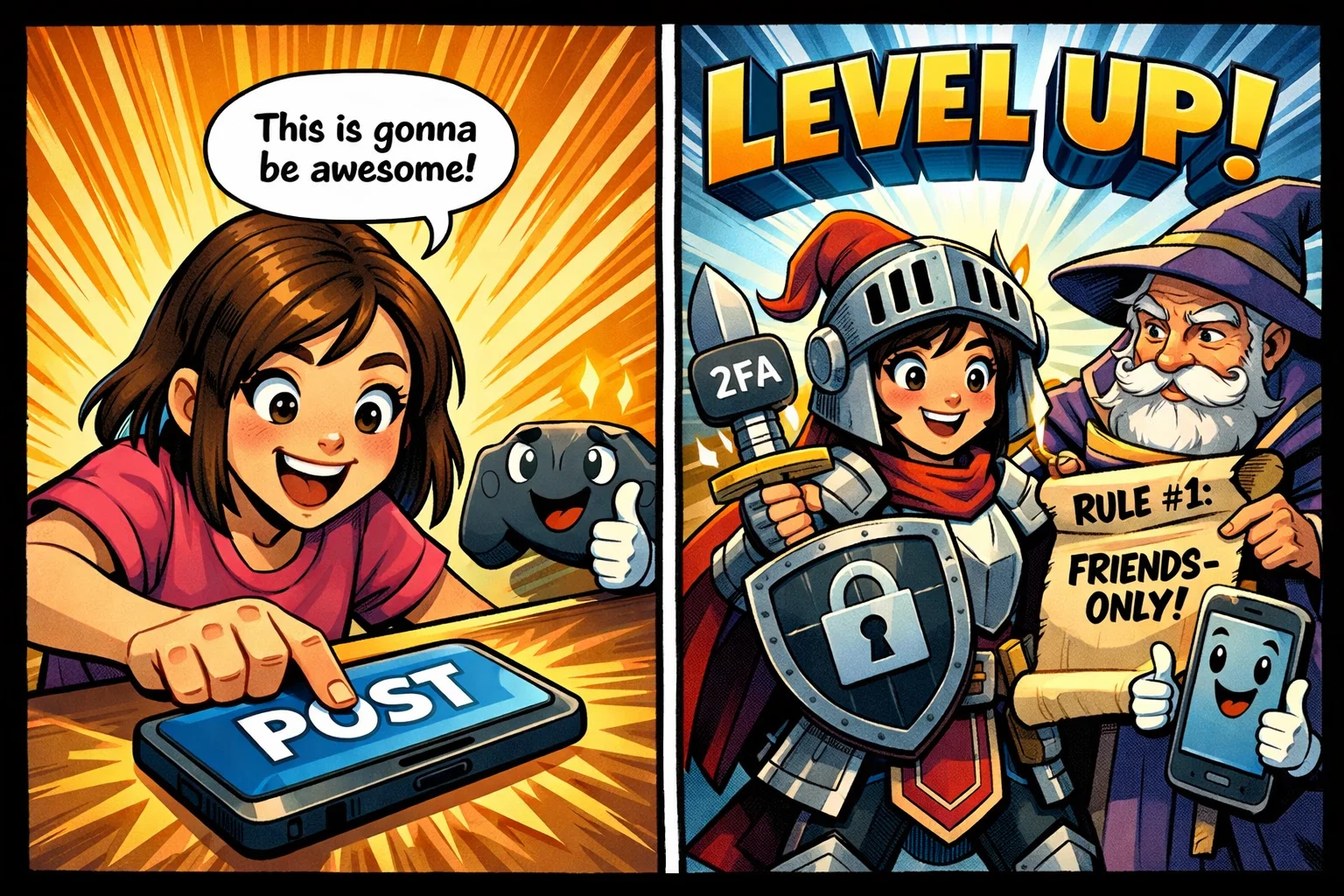  Social media gaming rules comic with tween leveling up privacy armor.
