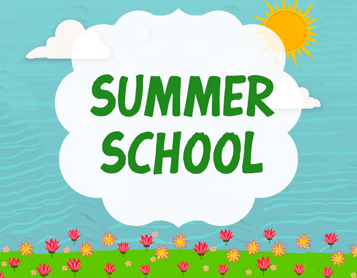 Colorful digital illustration of a summer school sign with bright flowers and a sunny sky. Colorful digital illustration of a summer school sign with bright flowers and a sunny sky.
