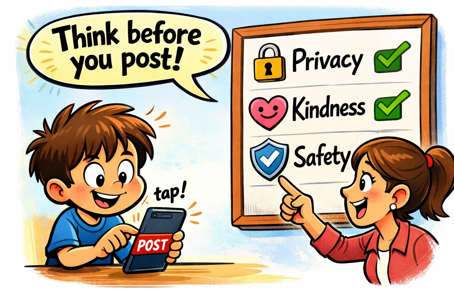 Think before you post scene with child, phone, and privacy checklist.
