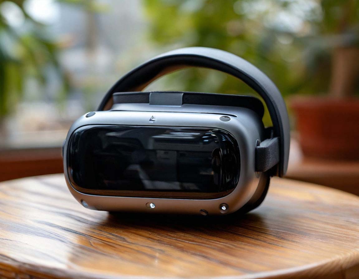 VR headset placed on a wooden table indoors. Safe and age-appropriate virtual reality devices for kids.