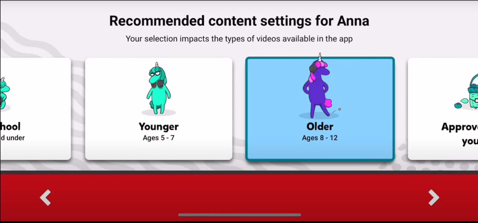 YouTube Kids content settings by age group. Parental control options for safe viewing.