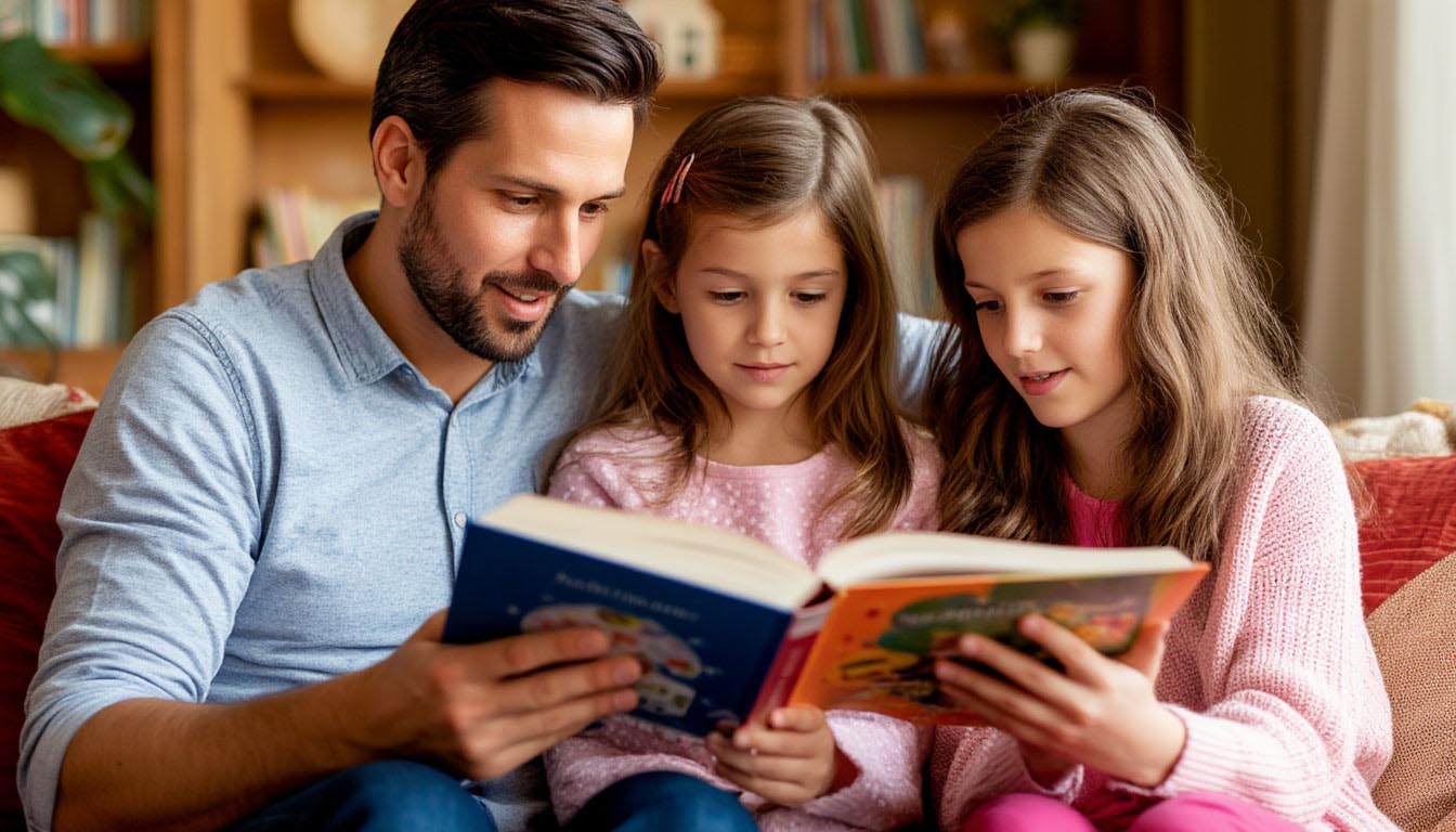 Father reading book on parenting with kids. Father reading book on parenting with kids.