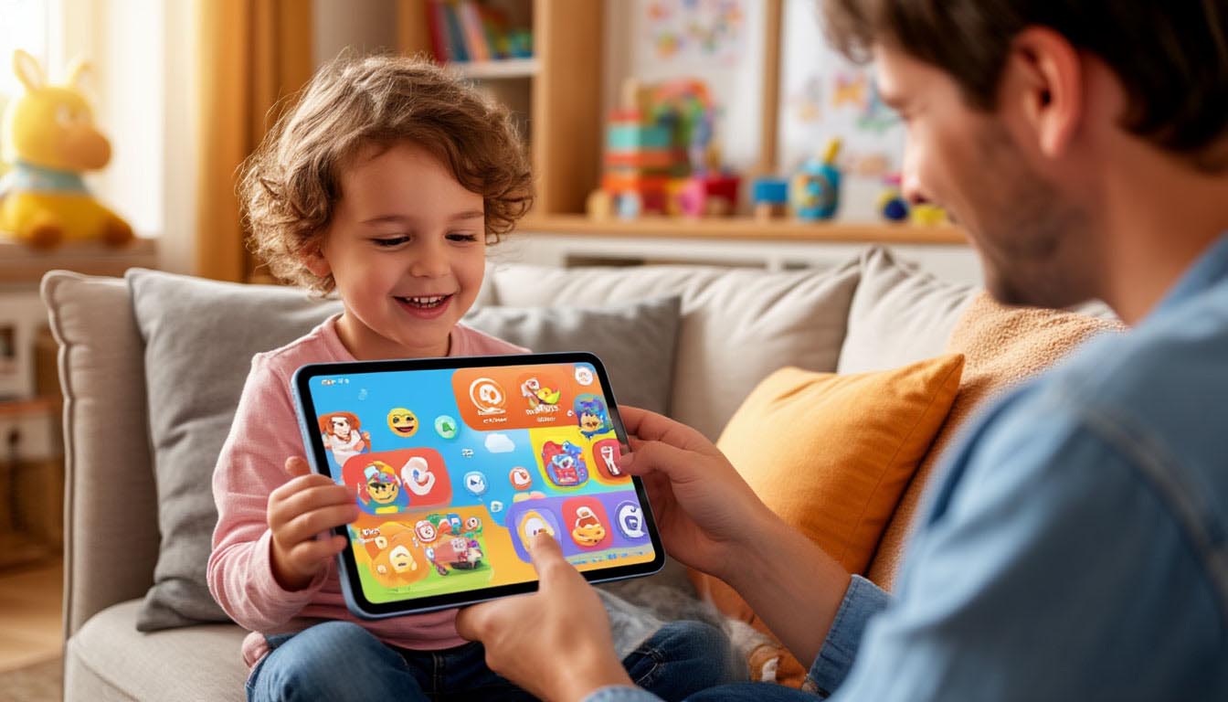 Parent and child using safe apps like TikTok for kids on a tablet.