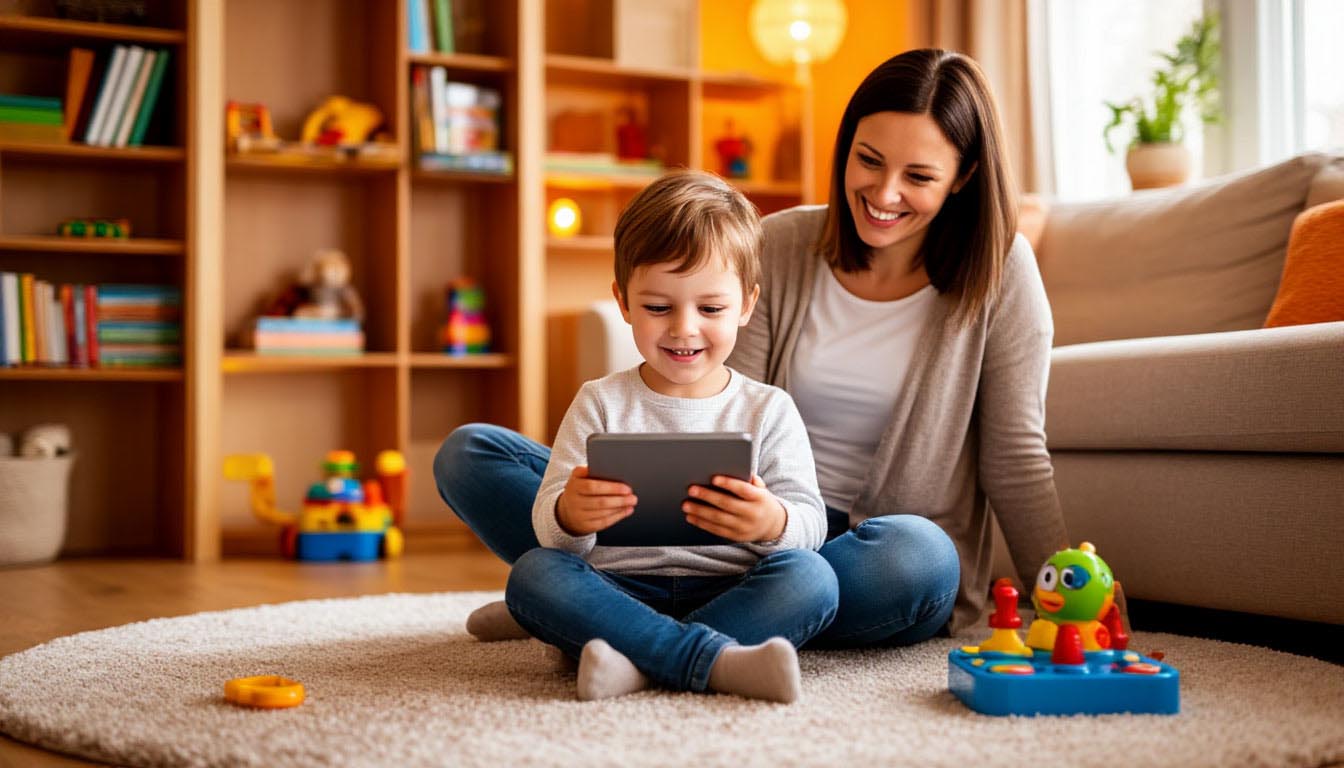 Child using educational app on tablet with parent, promoting kids learning. Child using educational app on tablet with parent, promoting kids learning.