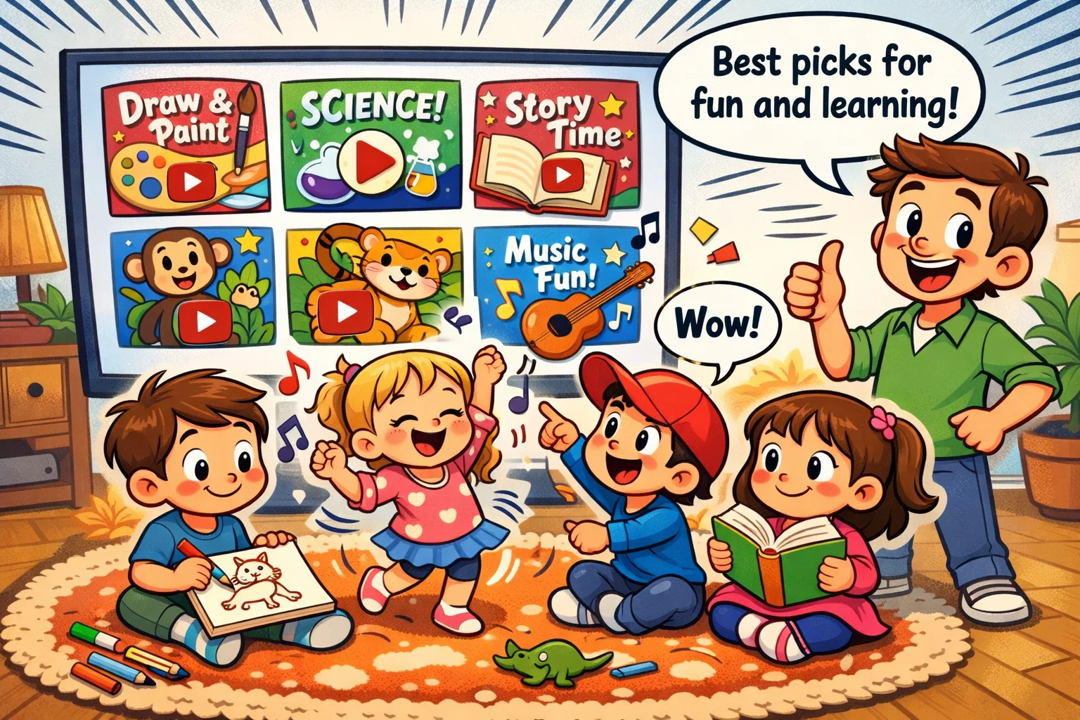 Best YouTube channels for kids in cartoon scene with learning, art, music, and fun.