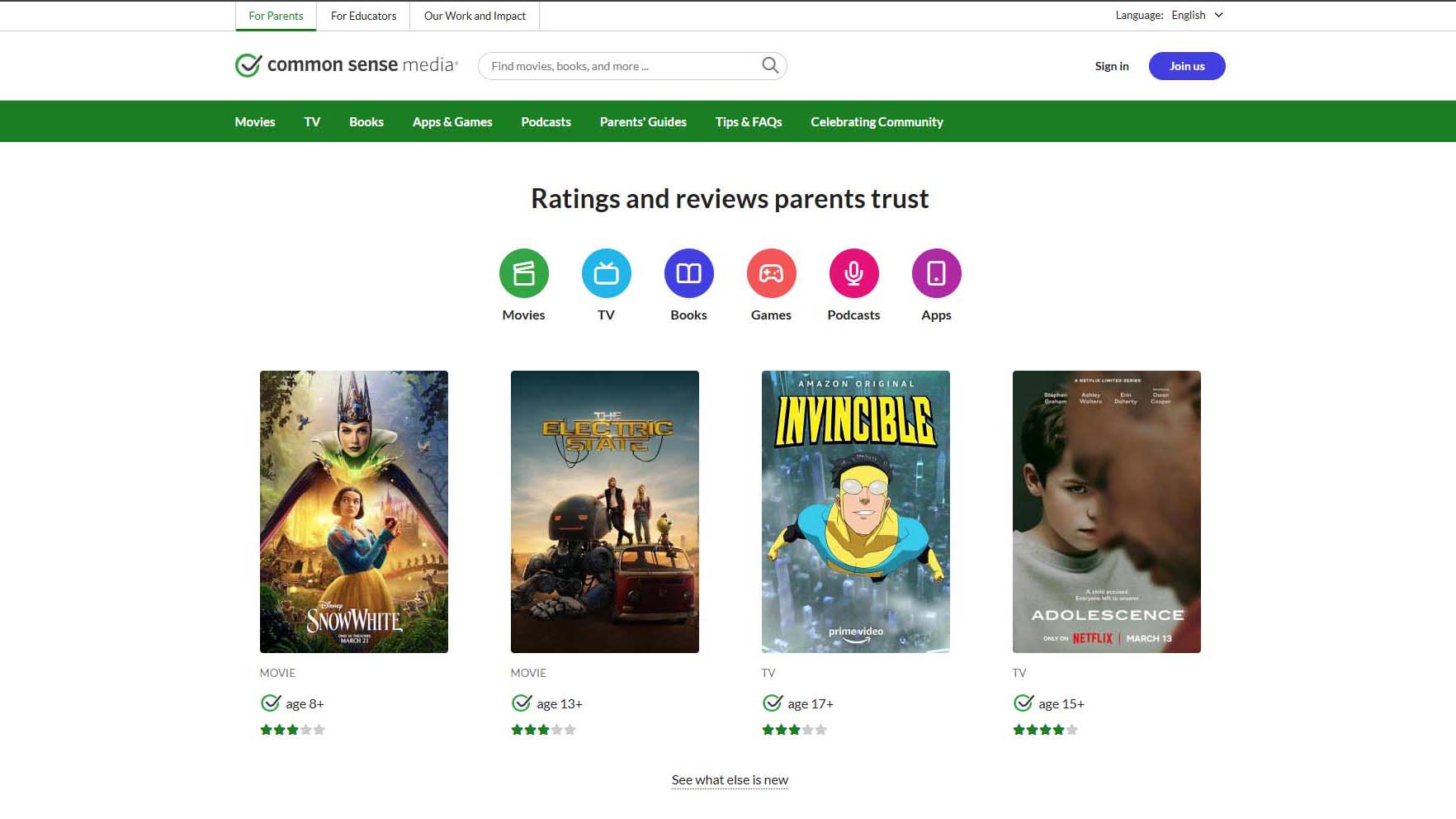 Common Sense Media homepage showing reviews for parents on digital resources.