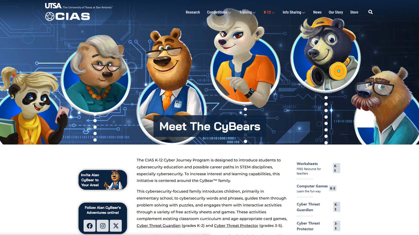 Characters from the CIAS CyBear program promoting cybersecurity education for K–5.