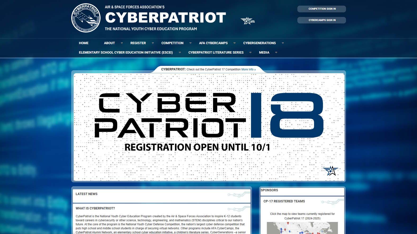 CyberPatriot platform homepage showing national cyber defense challenge for kids.