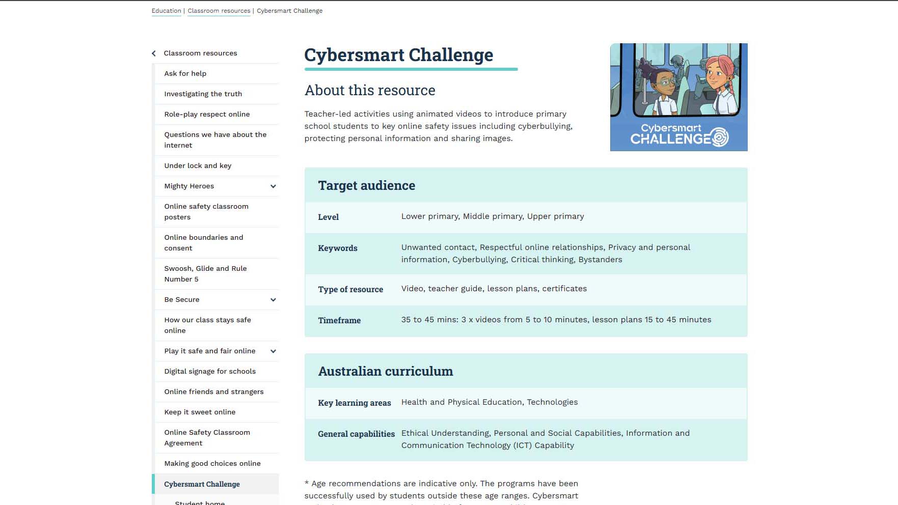 Cybersmart Challenge education portal outlining digital safety lessons for kids.