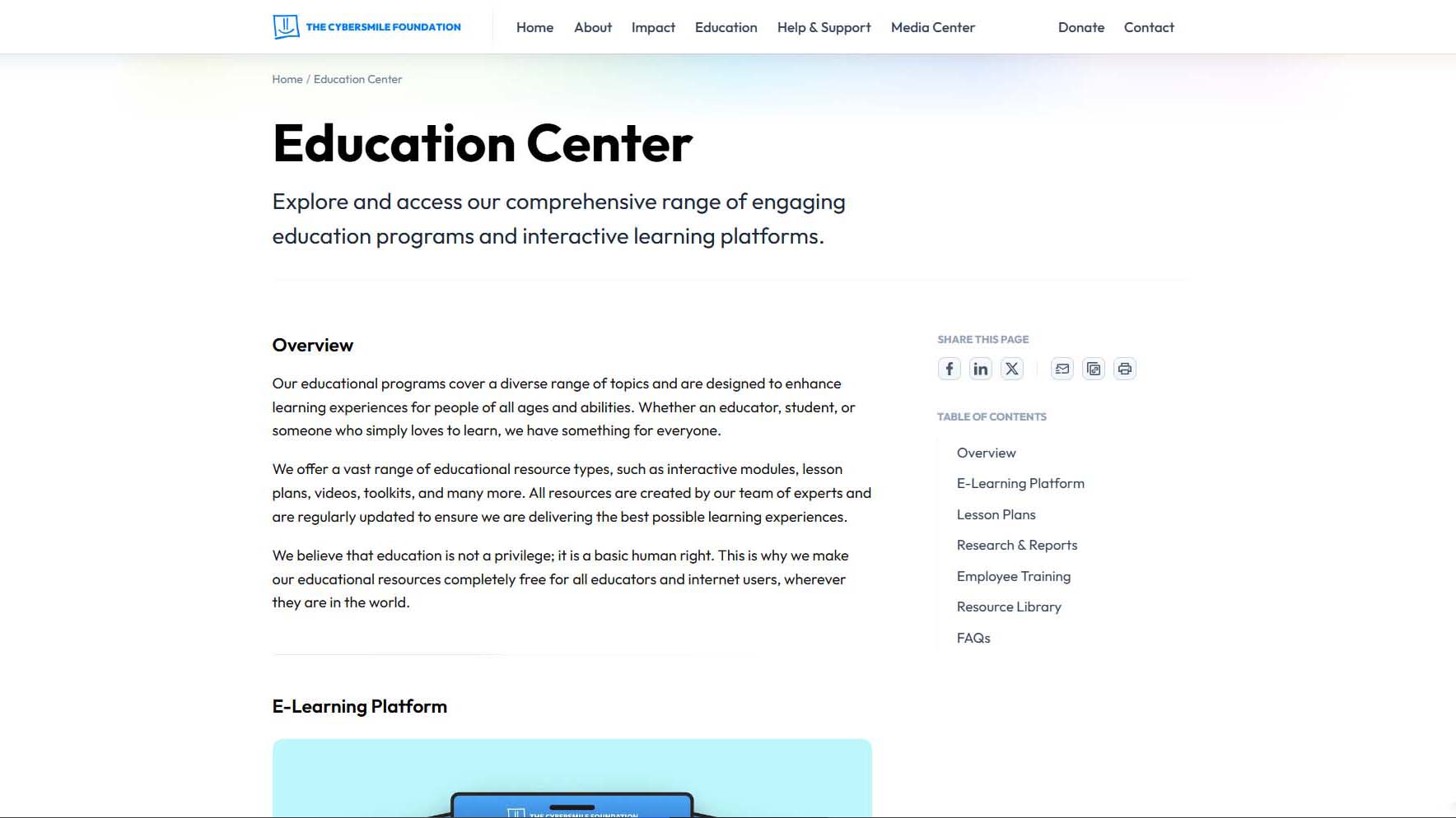 Overview of Cybersmile’s education center focused on online safety for kids. 
