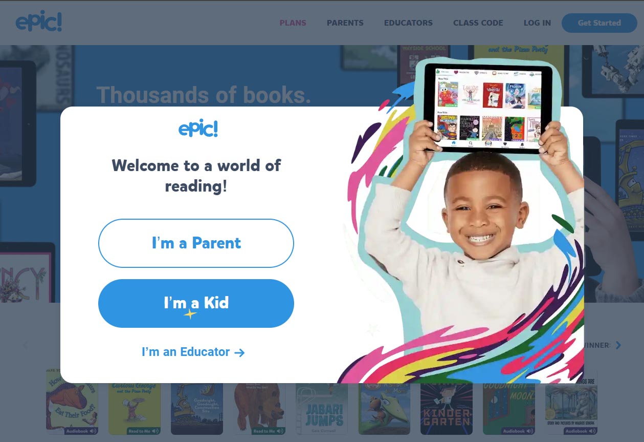 Epic reading app for kids offering educational learning books.
