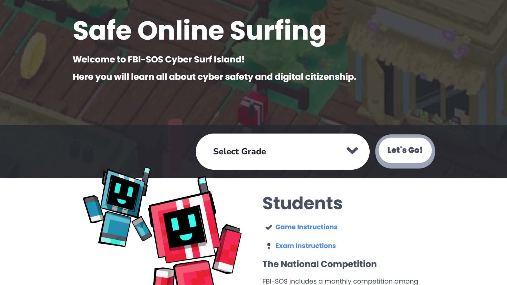 FBI SOS game interface for teaching safe online cybersecurity habits to kids by grade level.