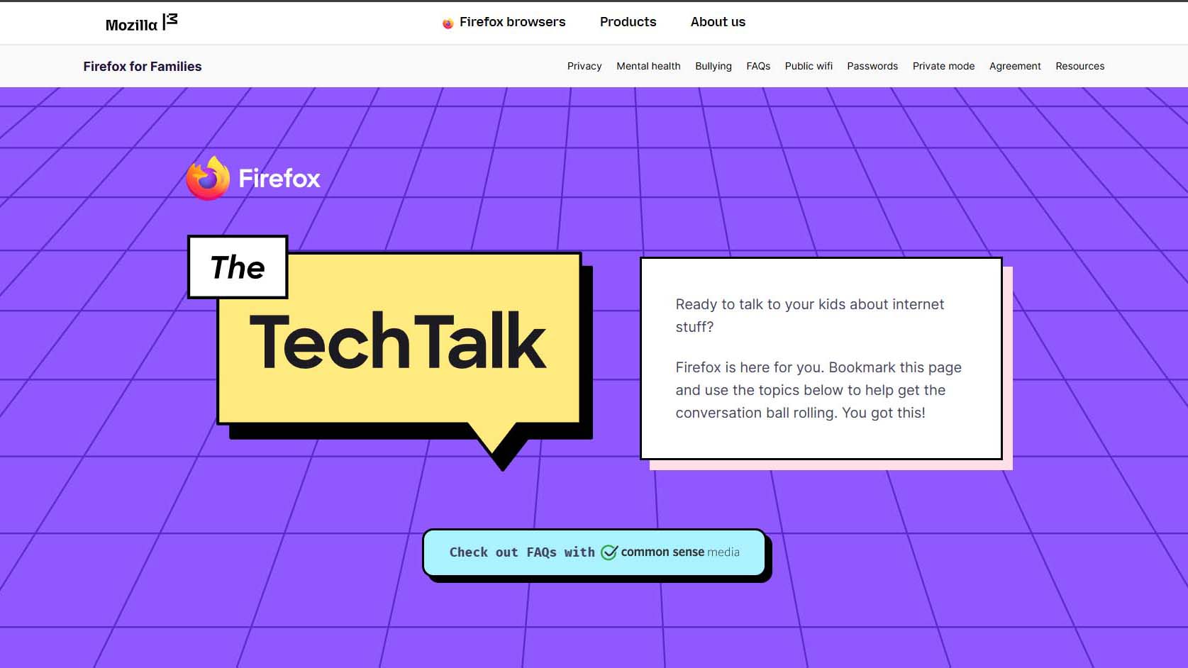 Tech Talk page from Firefox helping families discuss online safety topics.