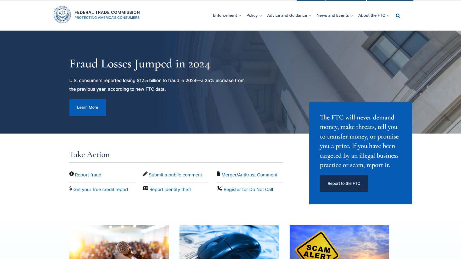 Federal Trade Commission homepage with guidance on scams and digital safety.