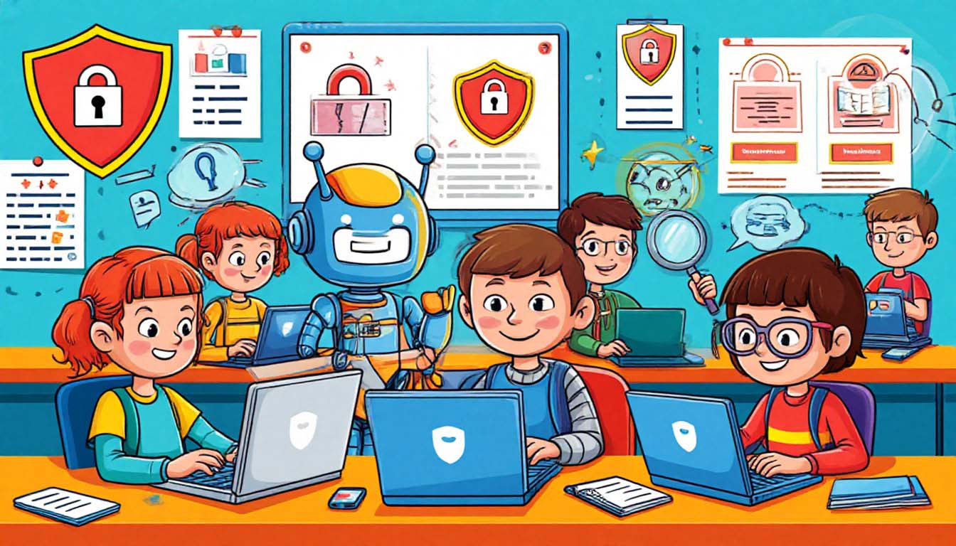 Cartoon classroom where children learn cybersecurity with a friendly robot. Cartoon classroom where children learn cybersecurity with a friendly robot.