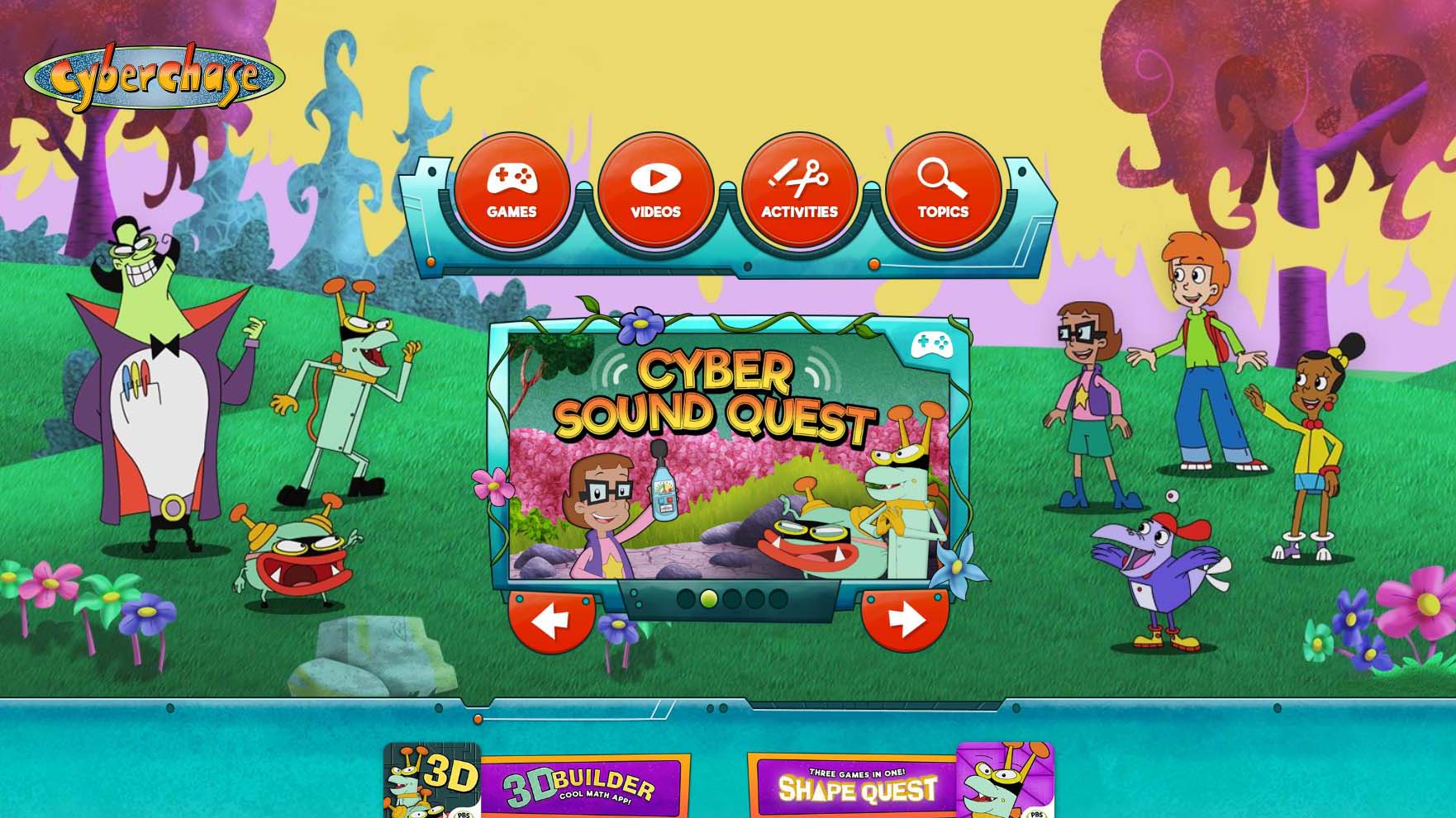 Cartoon interface of Cyberchase Cyber Sound Quest promoting digital literacy.
