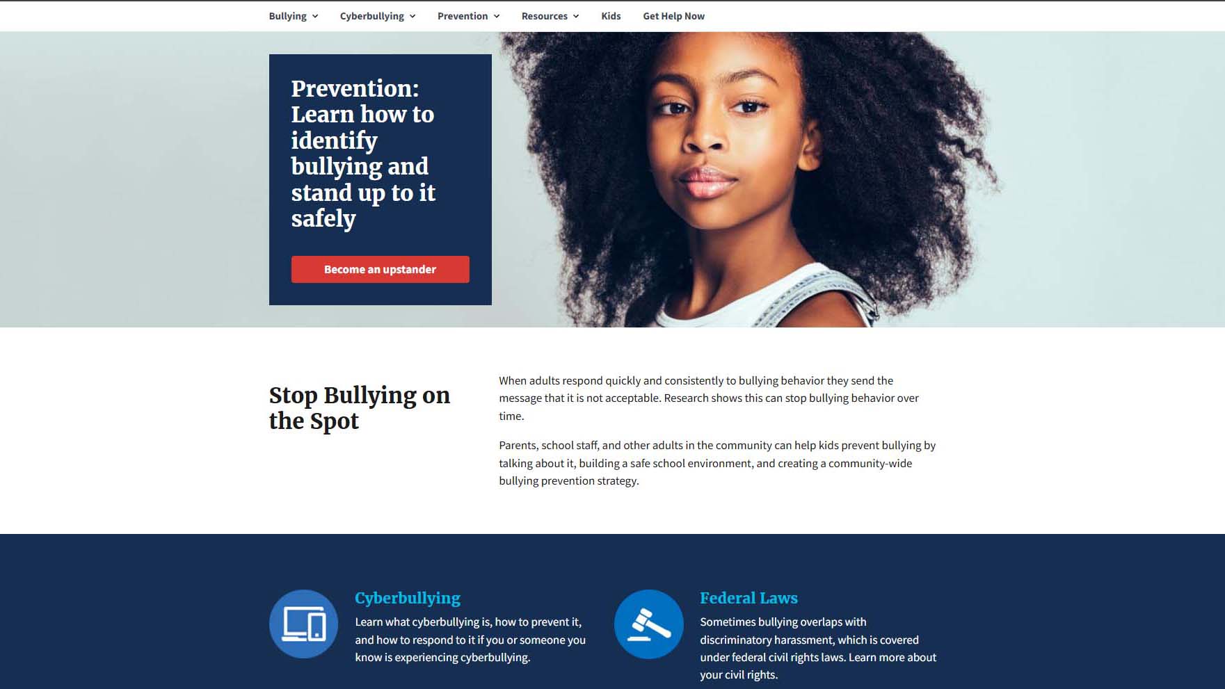 StopBullying.gov page offering cyberbullying prevention tips and support for kids.