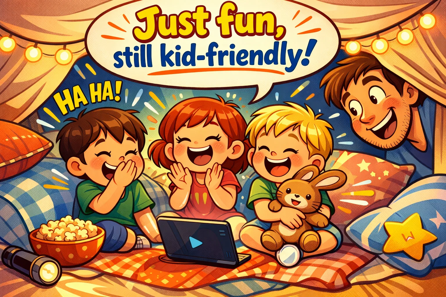 YouTube channels for kids just for fun in cartoon scene with safe family-friendly entertainment.
