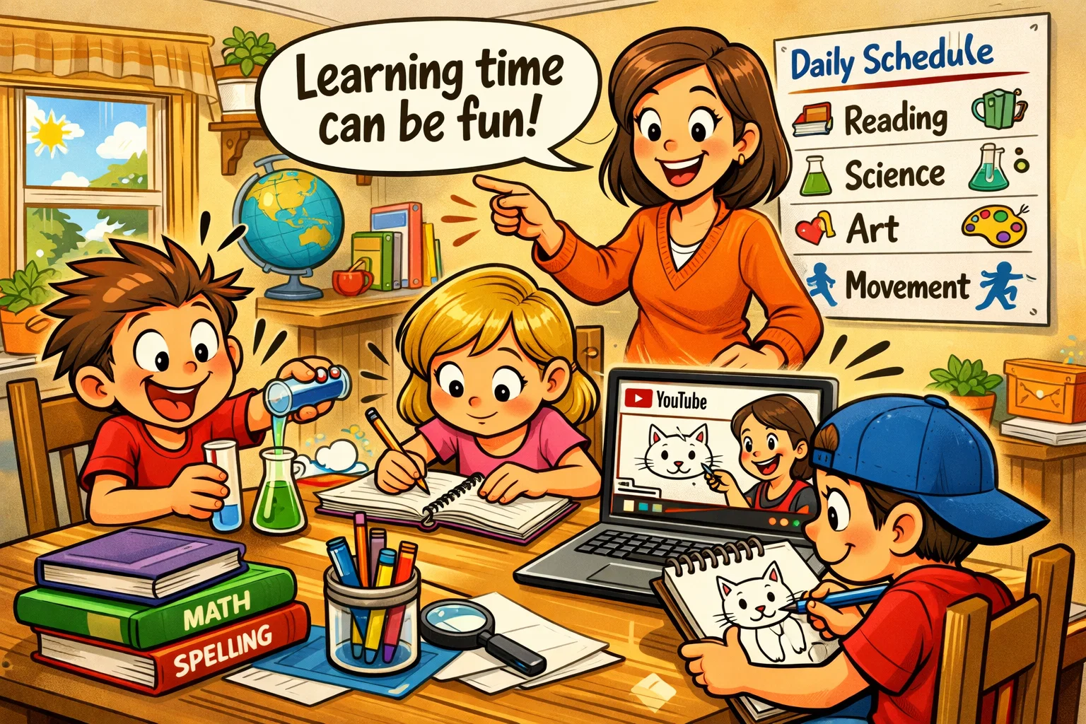 YouTube videos at home homeschool cartoon with kids learning science, art, and reading.
