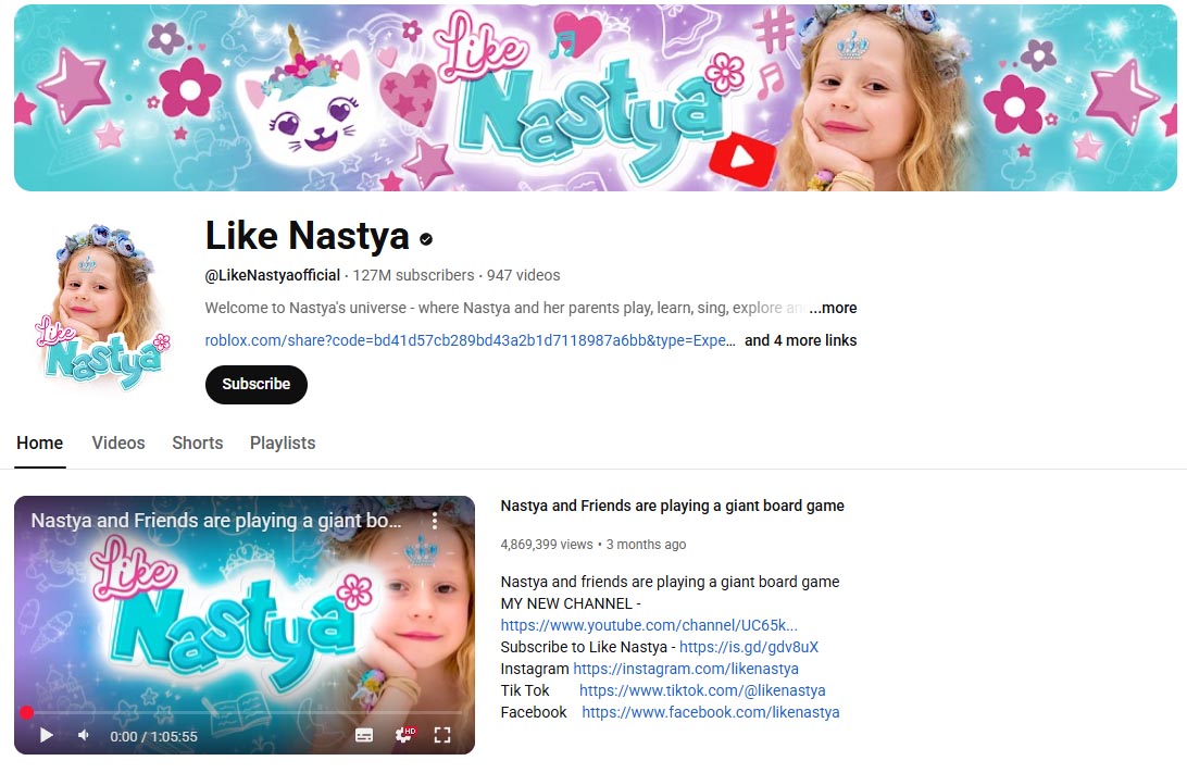 like-nastya-channel-banner YouTube banner of Like Nastya channel with child-friendly branding.
