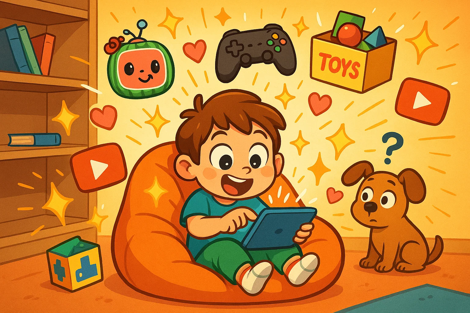 Happy kid watches YouTube videos with toys, games, and cartoons. Happy kid watches YouTube videos with toys, games, and cartoons.