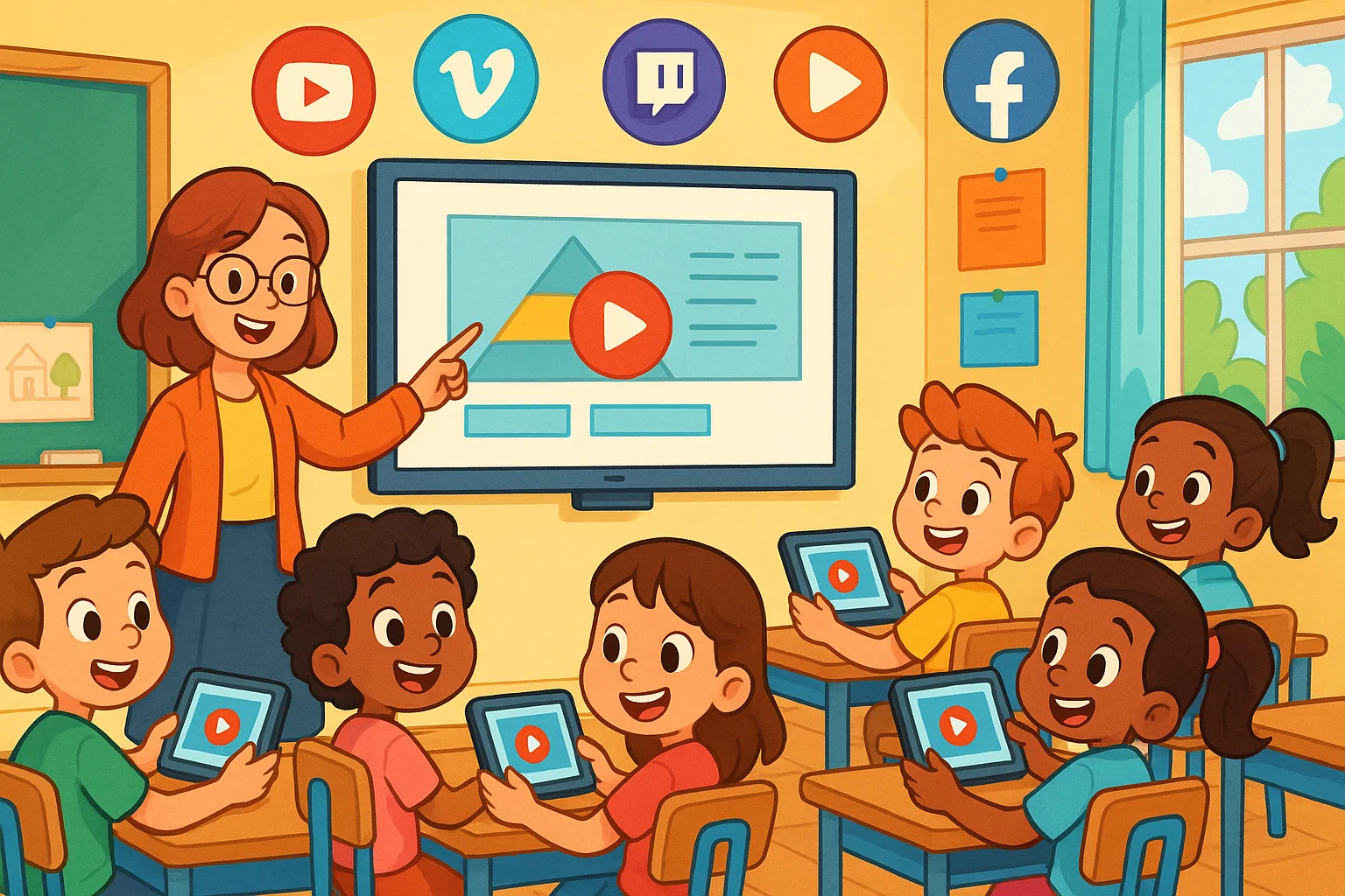 Cartoon classroom with kids watching safe content using YouTube alternatives for school. Cartoon classroom with kids watching safe content using YouTube alternatives for school.