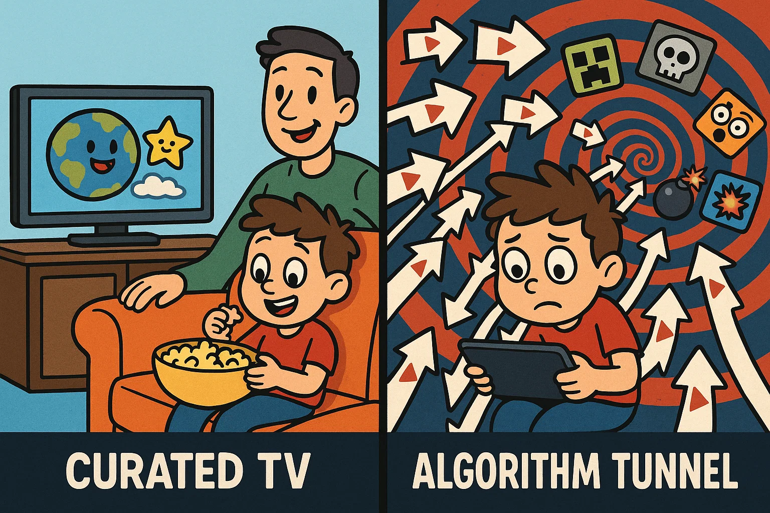 YouTube algorithms expose kids to unpredictable media vs safe curated shows.