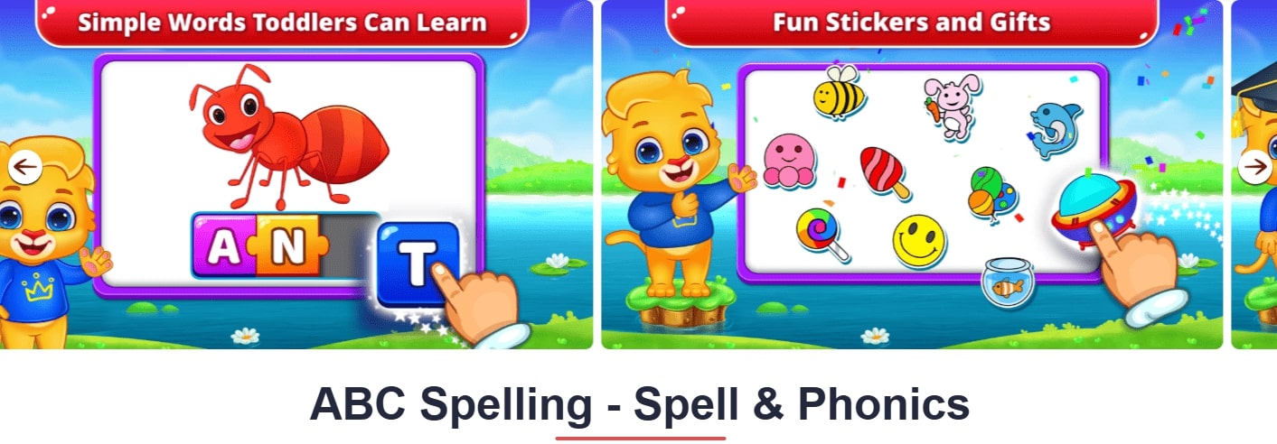 abc-spelling-phonics-app ABC Spelling Spell and Phonics app with cartoon characters and stickers.
