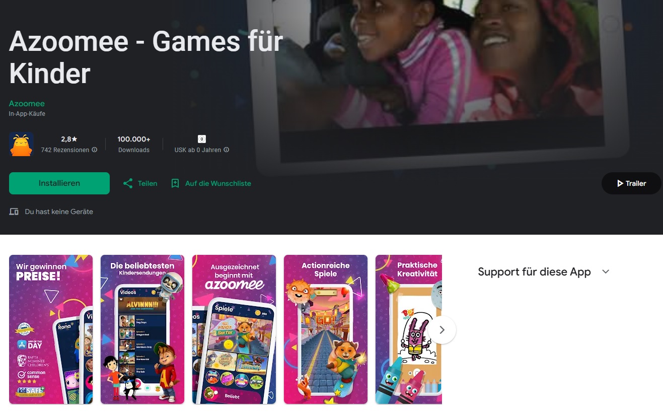 azoomee-games-for-kids Azoomee games for kids app page on Google Play Store.