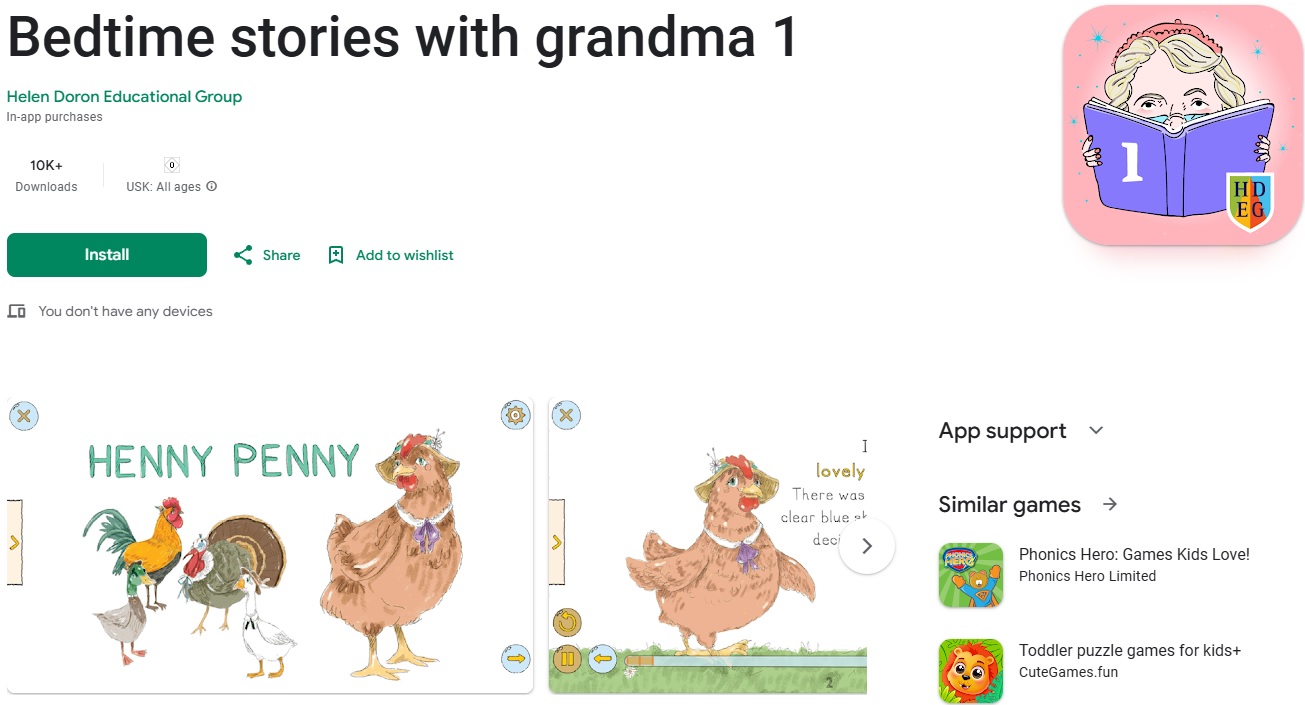 bedtime-stories-with-grandma-app Bedtime Stories with Grandma app showing the "Henny Penny" story with illustrations.
